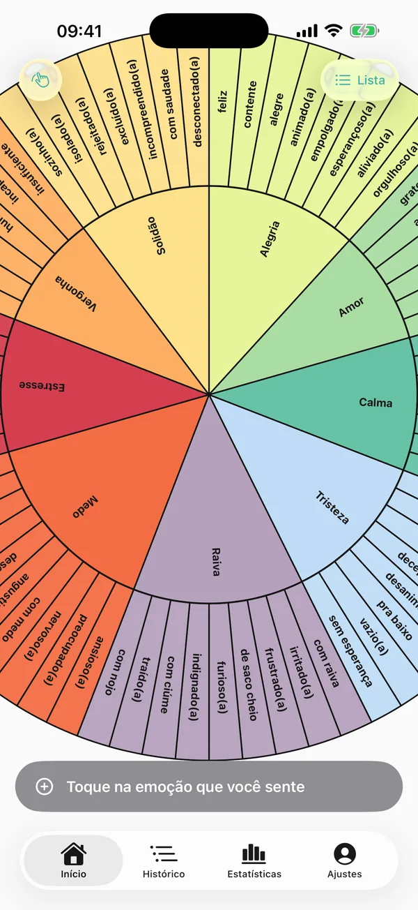 O app Roda das Emoções no iPhone, com as emoções básicas no centro da roda e palavras mais precisas em volta